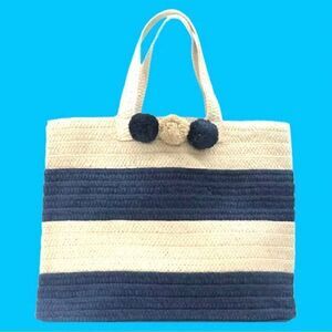 Beyond the Beach BTB natural and navy stripe straw tote beach bag brand new tags